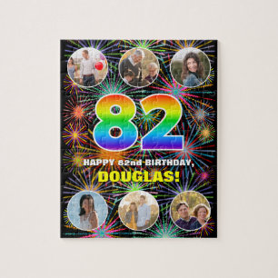 82nd Birthday: Fun Rainbow #, Custom Name + Photos Jigsaw Puzzle