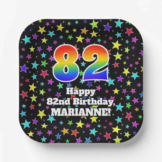 82nd Birthday: Fun Stars Pattern and Rainbow “82” Paper Plate (Front)