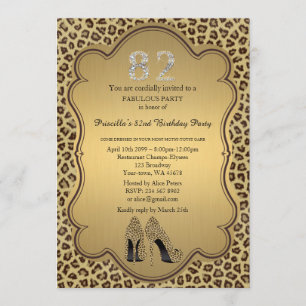 82nd Birthday invitation, numbers diamonds,Cheetah Invitation