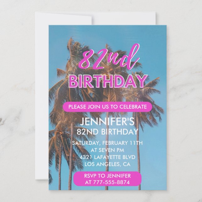82nd birthday invitation Summer Pink Palm tree (Front)