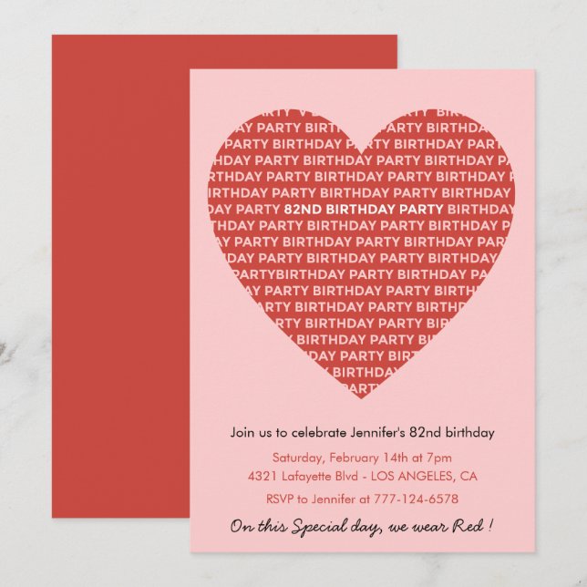 82nd birthday invitation typography Red Pink (Front/Back)