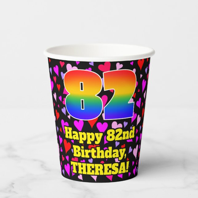 82nd Birthday: Loving Hearts Pattern, Rainbow 82 Paper Cups (Back)