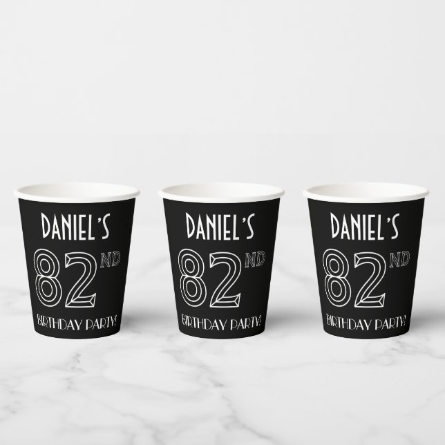 82nd Birthday Party: Art Deco Style + Custom Name Paper Cups (Multi)