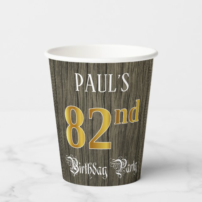 82nd Birthday Party — Faux Gold & Faux Wood Looks Paper Cups (Back)