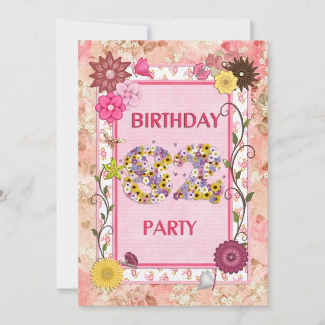 82nd birthday party invitation with floral frame (Front)
