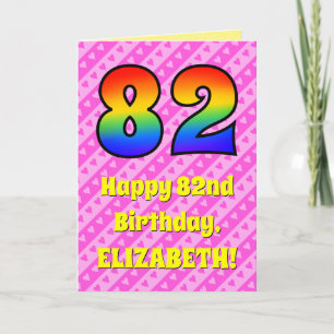 82nd Birthday: Pink Stripes & Hearts, Rainbow # 82 Card