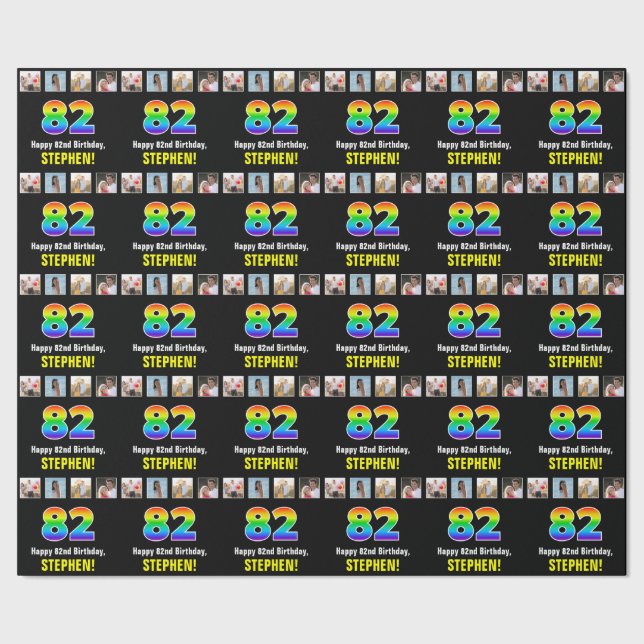 82nd Birthday: Rainbow “82“; Custom Photos & Name Wrapping Paper (Seam)