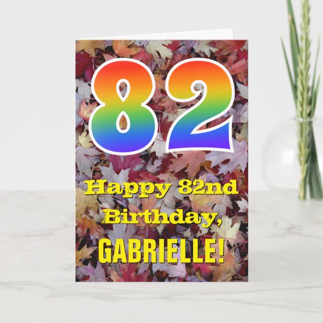82nd Birthday; Rustic Autumn Leaves; Rainbow "82" Card (Front)
