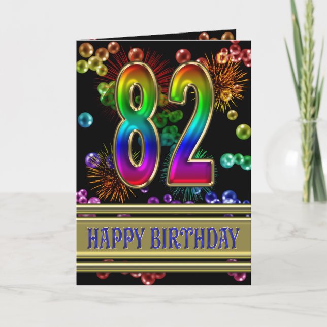 82nd Birthday with rainbow bubbles and fireworks Card (Front)