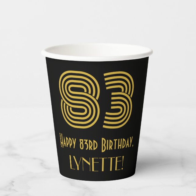 83rd Birthday: Art Deco Inspired Look “83” & Name Paper Cups (Front)