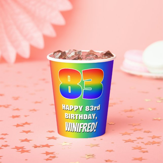 83rd Birthday: Colourful, Fun Rainbow Pattern # 83 Paper Cups (Insitu)