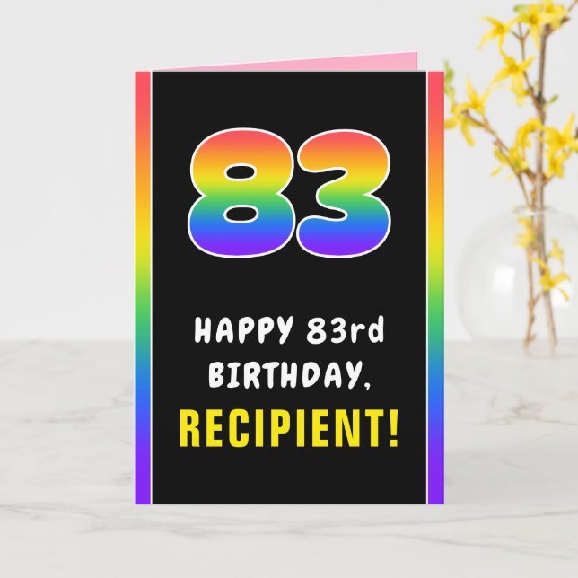 83rd Birthday: Colourful Rainbow # 83, Custom Name Card (Yellow Flower)