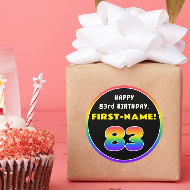 83rd Birthday: Colourful Rainbow # 83, Custom Name Classic Round Sticker (Party)