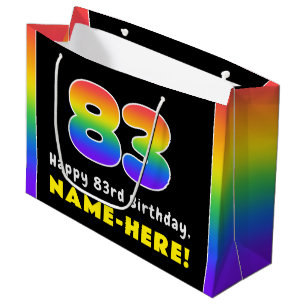 83rd Birthday: Colourful Rainbow # 83, Custom Name Large Gift Bag