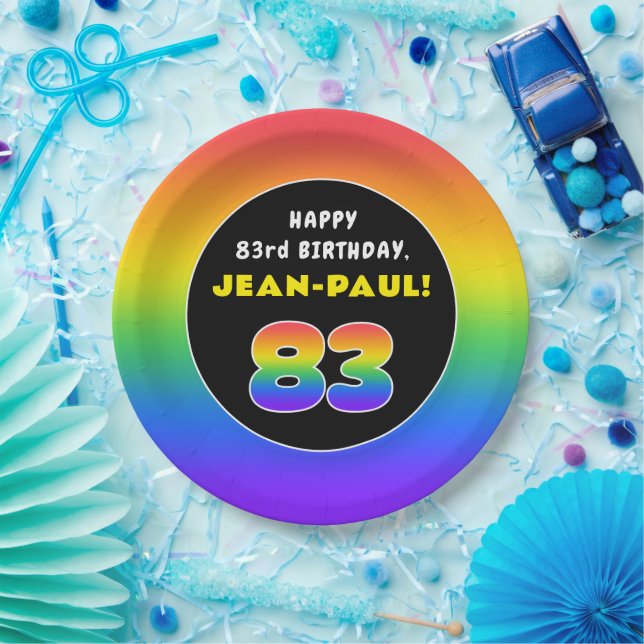 83rd Birthday: Colourful Rainbow # 83, Custom Name Paper Plate (Party)