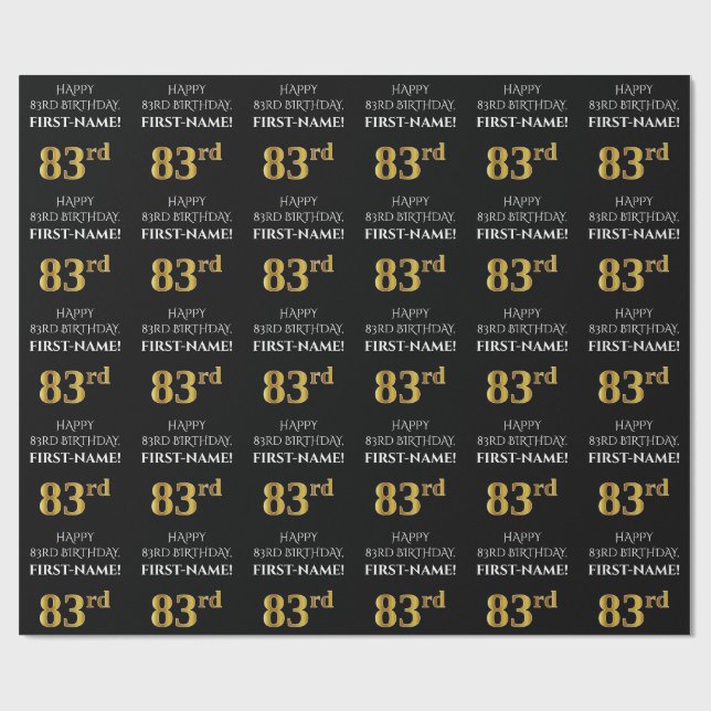 83rd Birthday: Elegant, Black, Faux Gold Look Wrapping Paper (Flat)