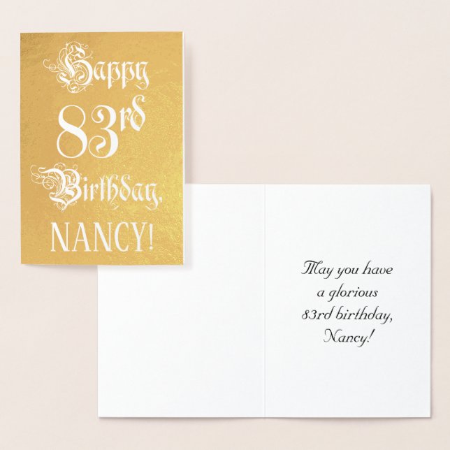 83rd Birthday: Elegant, Ornate Script; Custom Name Foil Card (Display)