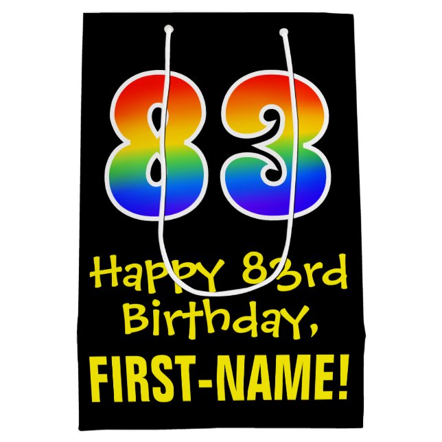 83rd Birthday: Fun, Bold, Colourful, Rainbow "83" Medium Gift Bag (Back)