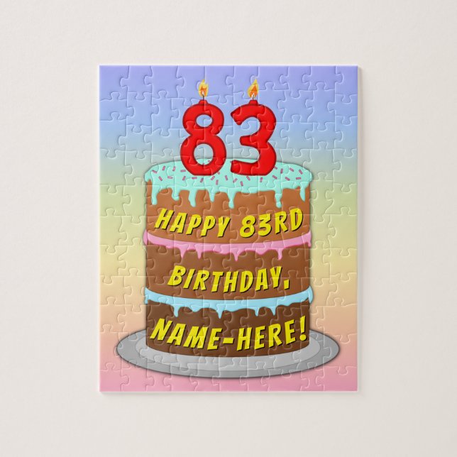 83rd Birthday: Fun Cake and Candles + Custom Name Jigsaw Puzzle (Vertical)