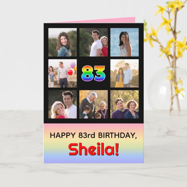 83rd Birthday: Fun Rainbow #, Custom Photos + Name Card (Yellow Flower)