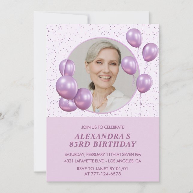 83rd birthday invitations Photo Purple Balloons (Front)
