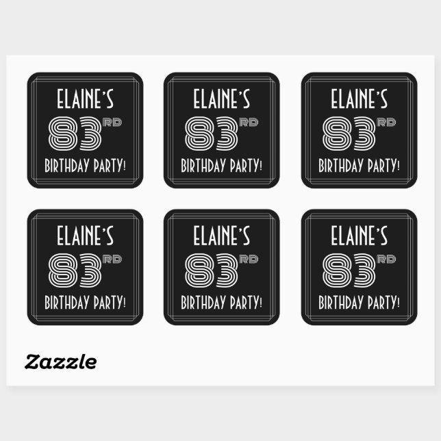 83rd Birthday Party: Art Deco Style & Custom Name Square Sticker (Sheet)