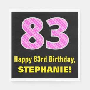 83rd Birthday: Pink Stripes and Hearts "83" + Name Napkin