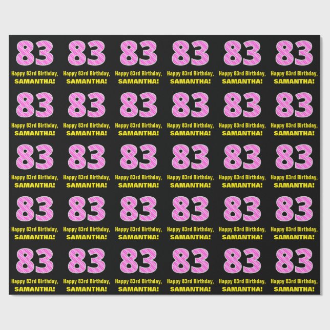 83rd Birthday: Pink Stripes and Hearts "83" + Name Wrapping Paper (Flat)