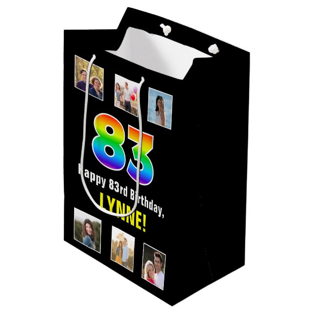 83rd Birthday: Rainbow “83“, Custom Photos & Name Medium Gift Bag (Front Angled)