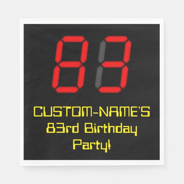 83rd Birthday: Red Digital Clock Style "83" + Name Napkin (Front)