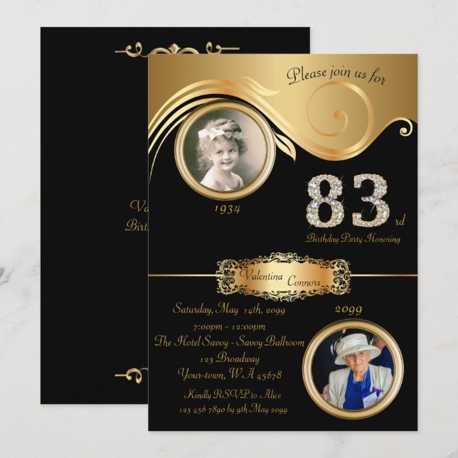 83rd,Birthday Woman 83rd,elegant art deco,black Invitation (Front/Back)