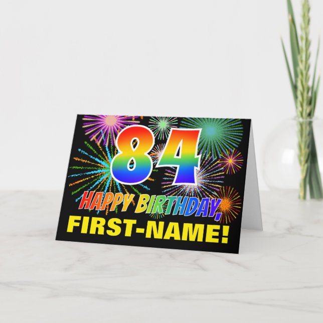 84th Birthday: Bold, Fun, Fireworks, Rainbow 84 Card (Front)