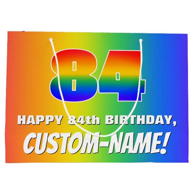 84th Birthday: Colourful, Fun Rainbow Pattern # 84 Large Gift Bag (Back)