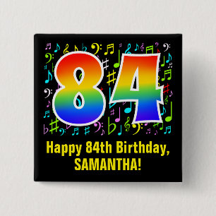 84th Birthday: Colourful Music Symbols, Rainbow 84 15 Cm Square Badge
