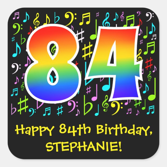 84th Birthday: Colourful Music Symbols, Rainbow 84 Square Sticker (Front)
