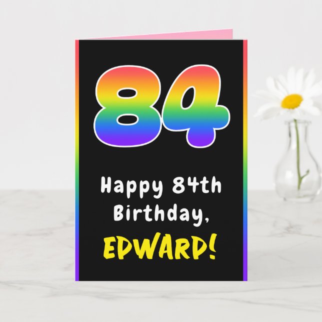 84th Birthday: Colourful Rainbow # 84, Custom Name Card (Small Plant)