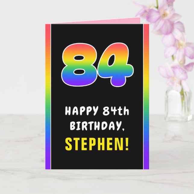 84th Birthday: Colourful Rainbow # 84, Custom Name Card (Orchid)