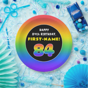 84th Birthday: Colourful Rainbow # 84, Custom Name Paper Plate