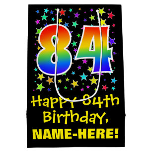 84th Birthday: Colourful Stars Pattern & Rainbow 8 Medium Gift Bag