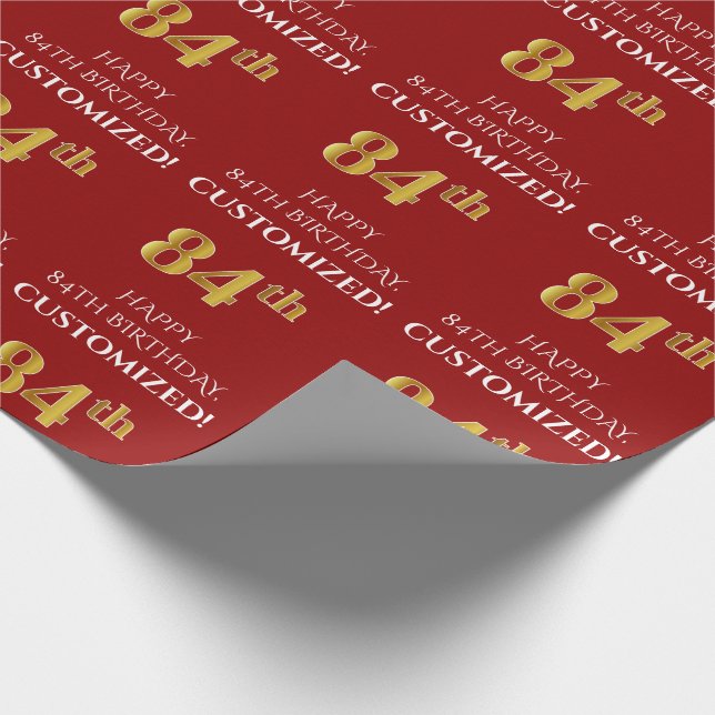 84th Birthday: Elegant, Red, Faux Gold Look Wrapping Paper (Corner)
