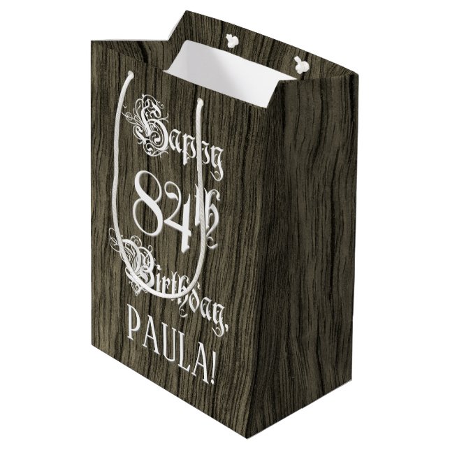 84th Birthday: Fancy, Faux Wood Look + Custom Name Medium Gift Bag (Back Angled)