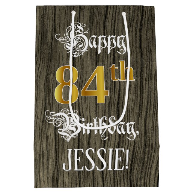 84th Birthday: Faux Gold Look & Faux Wood Pattern Medium Gift Bag (Back)