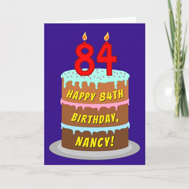 84th Birthday: Fun Cake and Candles + Custom Name Card (Front)
