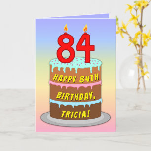 84th Birthday — Fun Cake & Candles, w/ Custom Name Card