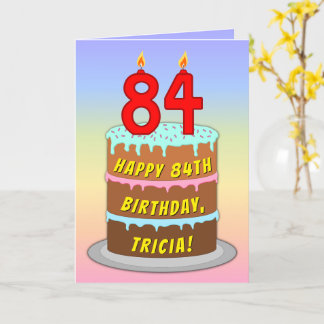 84th Birthday — Fun Cake & Candles, w/ Custom Name Card
