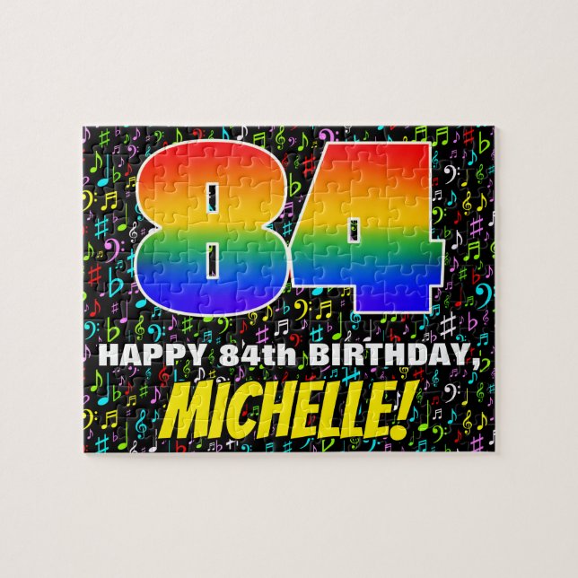 84th Birthday — Fun, Colourful Music Symbols & “84 Jigsaw Puzzle (Horizontal)