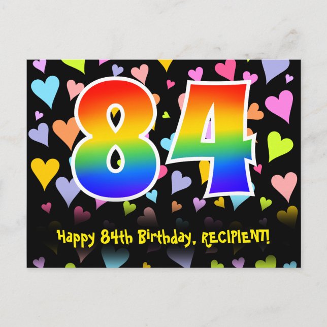 84th Birthday: Fun Hearts Pattern, Rainbow 84 Postcard (Front)