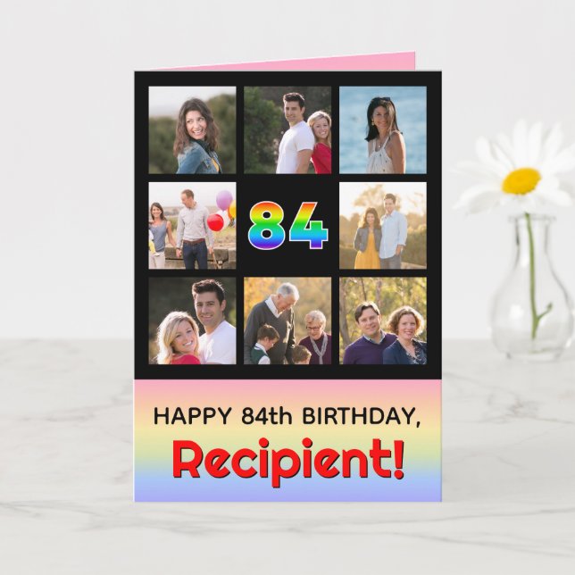 84th Birthday: Fun Rainbow #, Custom Photos + Name Card (Small Plant)