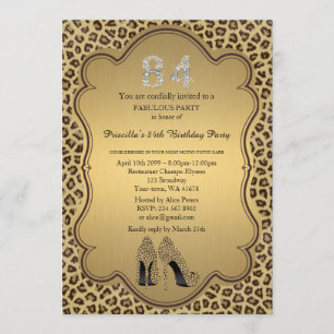 84th Birthday invitation, numbers diamonds,Cheetah Invitation