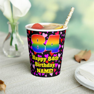 84th Birthday: Loving Hearts Pattern, Rainbow 84 Paper Cups